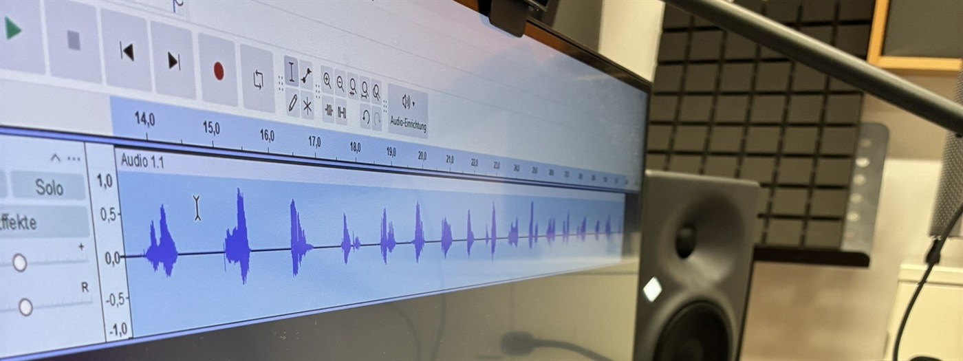 Research setting with a discussion and audio analysis on a laptop