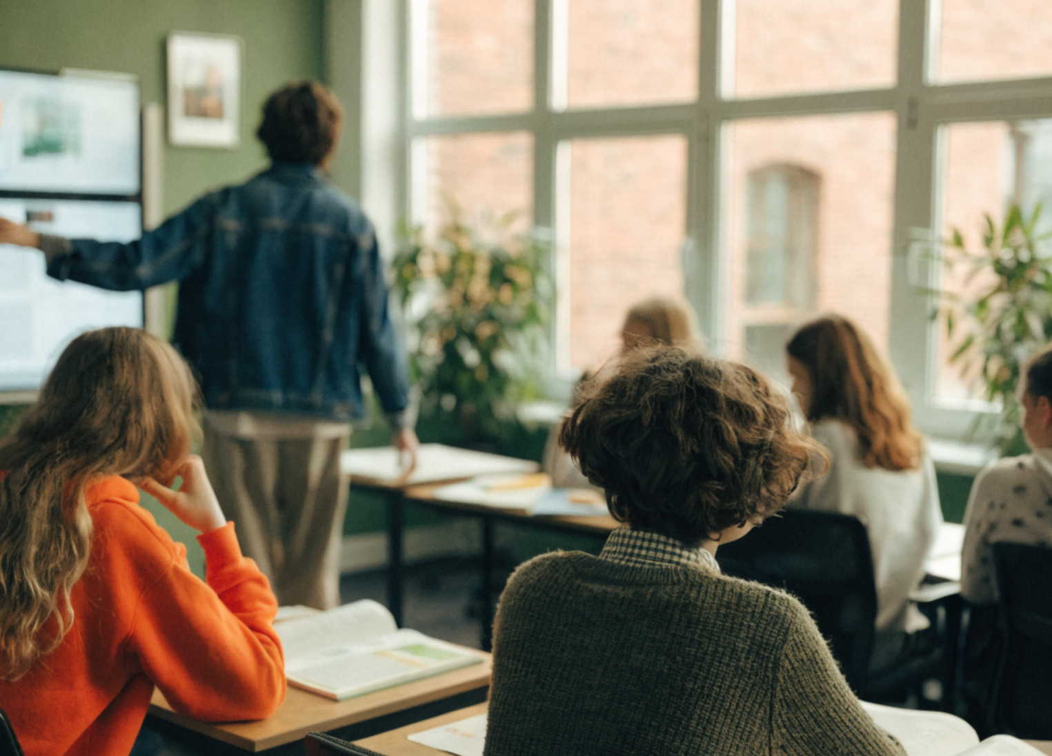 Classroom scene representing teaching materials and listening examples