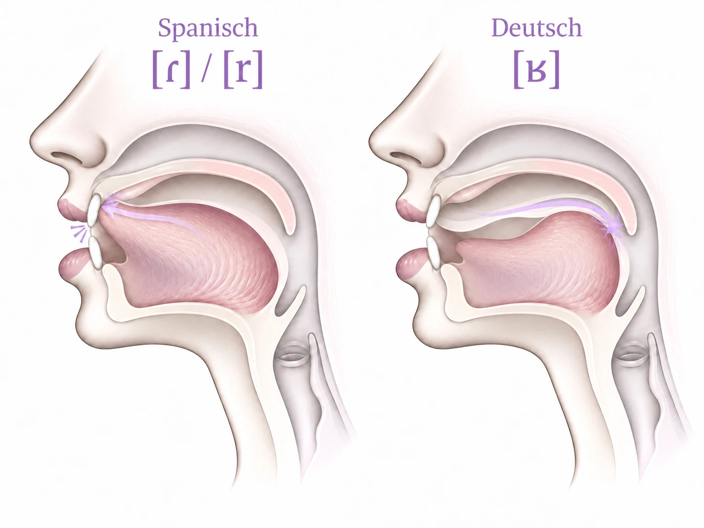 Schematic side views of the mouth: on the left, the Spanish alveolar r sounds [ɾ] and [r] with the tongue articulating at the front; on the right, the German uvular [ʁ] with a place of articulation further back.
