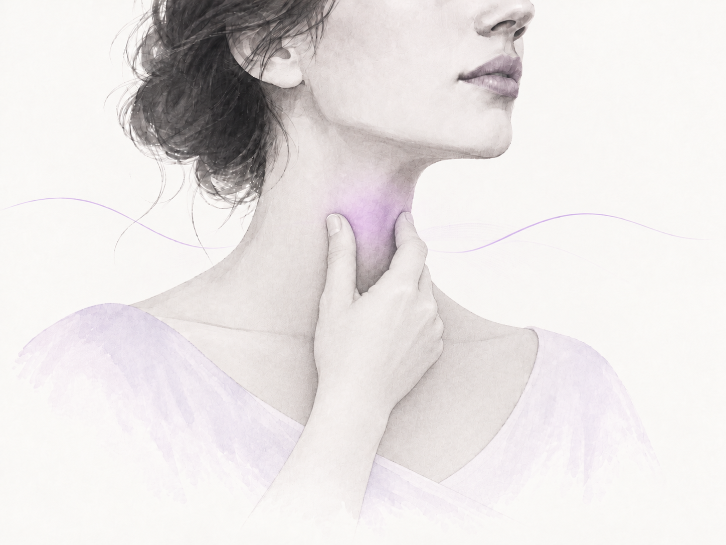 Drawing of a woman in partial profile lightly touching her neck at the level of the larynx with her thumb and fingers; the laryngeal area is highlighted in violet.